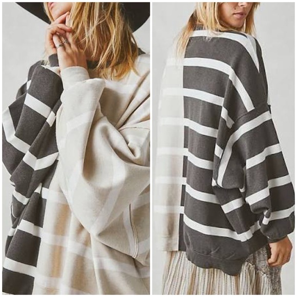 Free People XL Uptown Striped Oversized Pullover Top Charcoal Gray/Beige - Picture 1 of 6